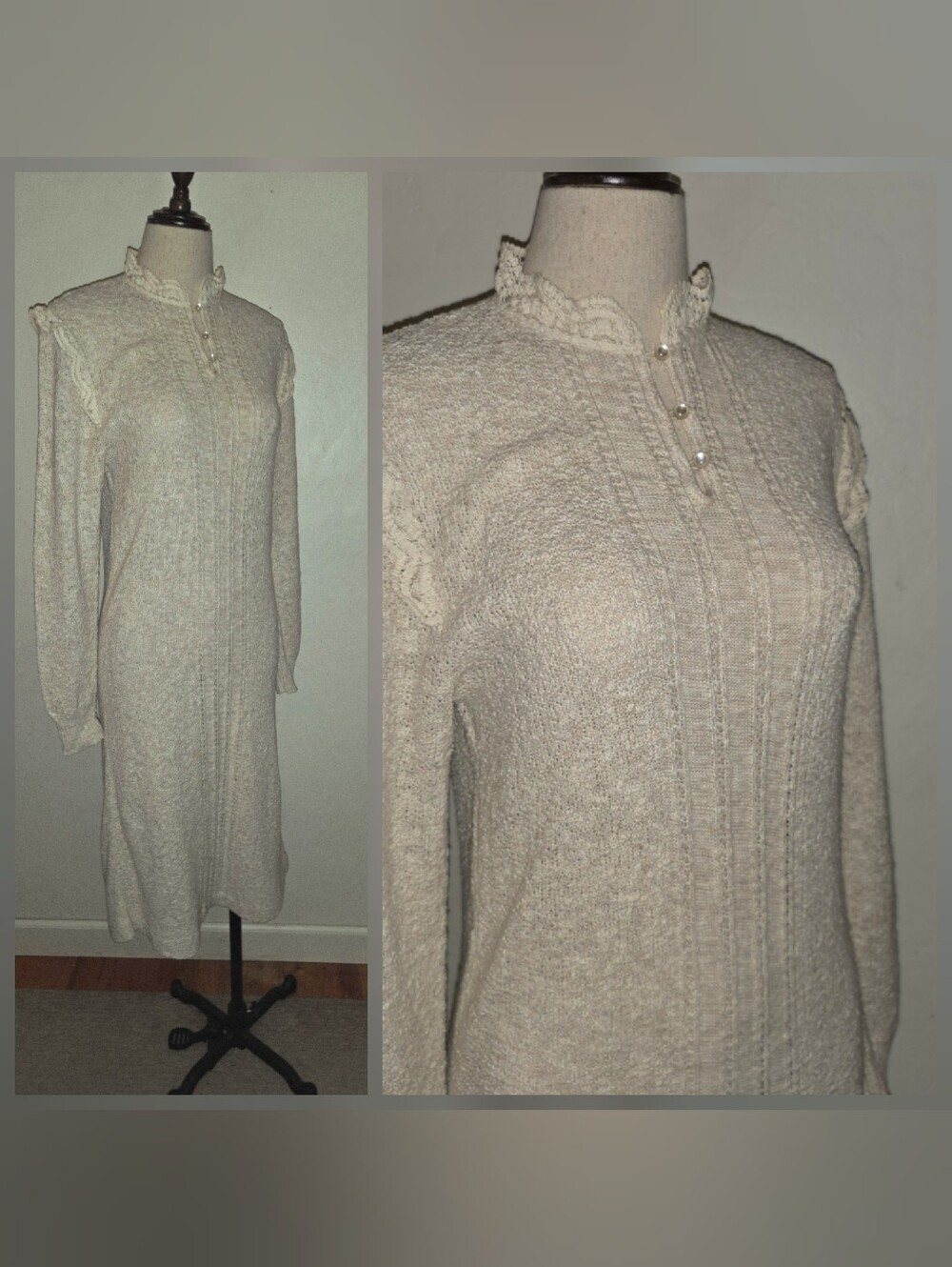 Vintage 1970s 1980s Long-Sleeve Crochet Lace Trim Knit Sweater Dress Alberoy